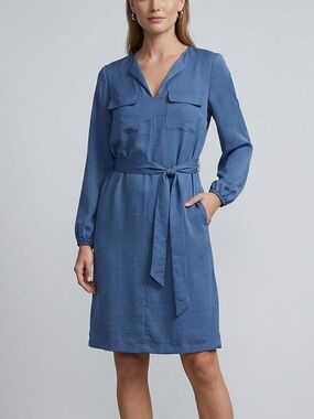 Alfani Blue Long-Sleeve Belted Mini Knee Length Shirt Dress Size Small‎